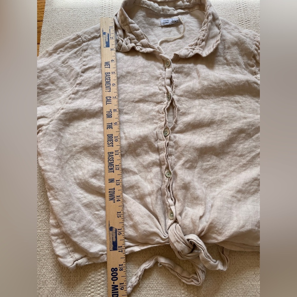 100% Lino Italy Cropped Tie Top Button Down Size S Boxy Fit Euro Summer Linen - Picture 6 of 6